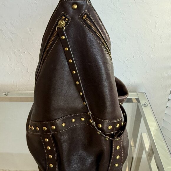 Kenneth Cole Brown Leather Studded Hobo Shoulder Bag — Brass Hardware — Large - Picture 3 of 8